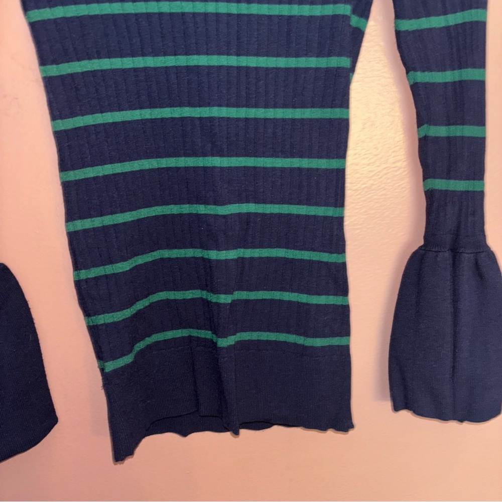 Ann Taylor Navy Blue Green Ribbed Striped Bell Flare Sleeve Sweater Small XS - Picture 6 of 8
